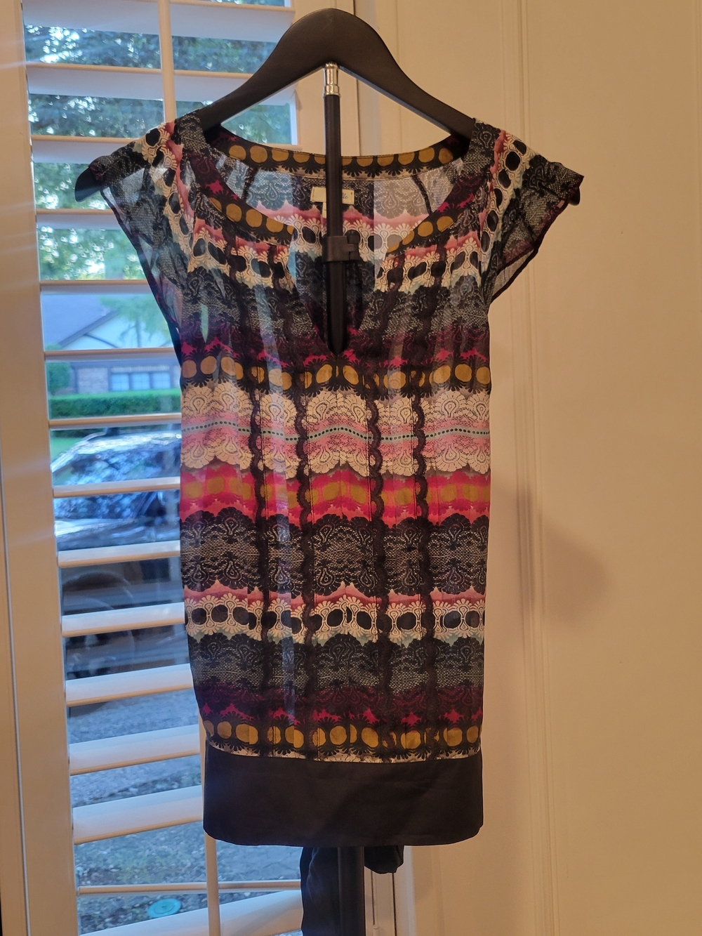Odille 100% Silk Multicolor Cap-Sleeve Printed Top — Black, Pink & Gold Accents